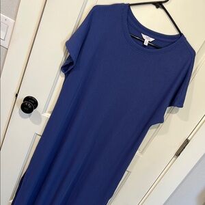 Blue Ribbed Women's full length dress with slits on each side.